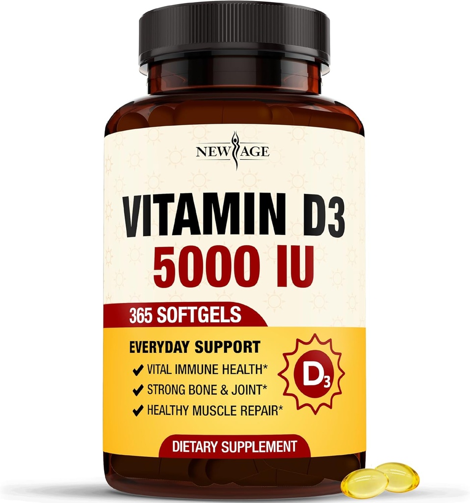 新しいAGE Vitamin D3 5000 IU 125mcg Softgels - サポート免疫サポート、強力な骨の健康 - 非GMO、グルテンフリー、乳製品フリー、1年の供給(360 Softgels)