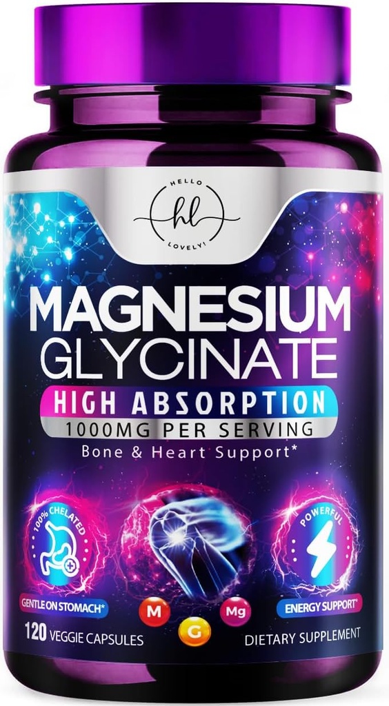 マグネシウムのGlycinate 1000mg - 骨、筋肉、Nerves & 心の健康 - 自然な睡眠 & ストレスサポート女性&男性 - ビーガン、グルテンフリー、非GMO - 120カプセル