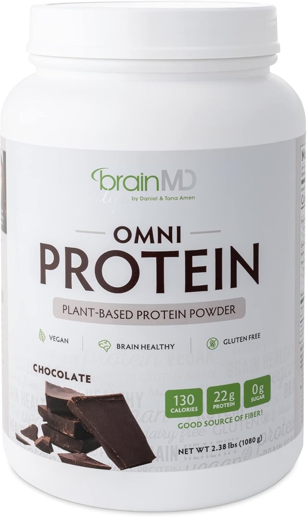 BRAINMD Dr Amen Omni Protein Chocolate - 2.38 lbs - 植物ベースのタンパク質パウダー - エネルギーとエクササイズの回復を促進する - ビーガン、ベジタリアン、砂糖無料、グルテンフリー - 30 サービング