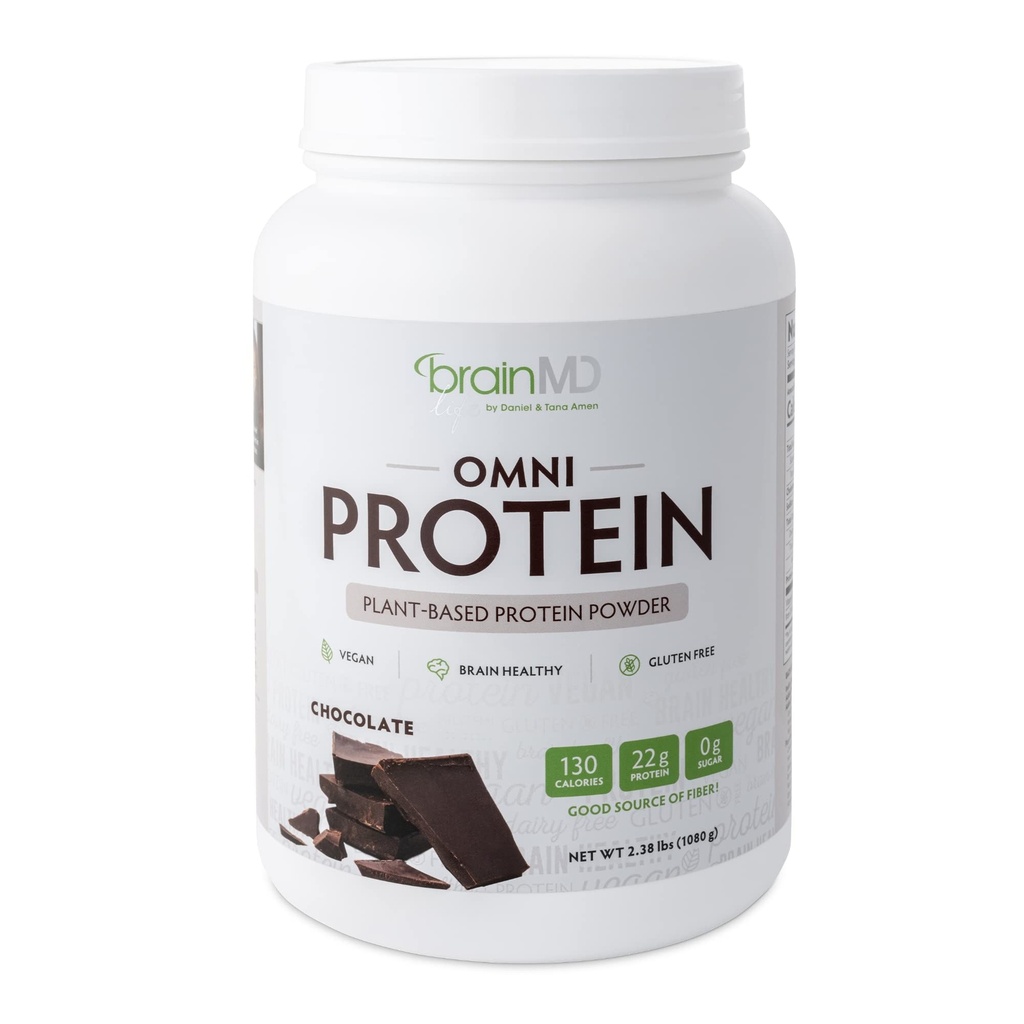 BRAINMD Dr Amen Omni Protein Chocolate - 2.38 lbs - 植物ベースのプロテインパウダー - エネルギーとエクササイズの回復を促進する - ビーガン、ベジタリアン、砂糖無料、グルテンフリー - 30 サービング
