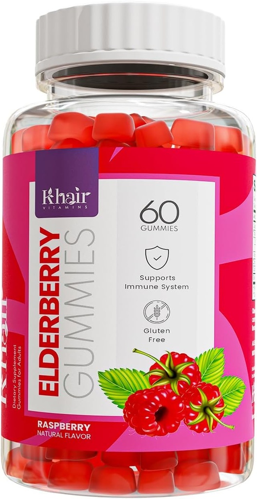 Khair Halal Elderberry Gummies - 超抗酸化剤サプリメント、ボオスツ免疫と戦う季節アレルギー - 非GMO、ベジタリアン、グルテンフリー、ゼラチンフリー&ハラールビタミン - 60グミ