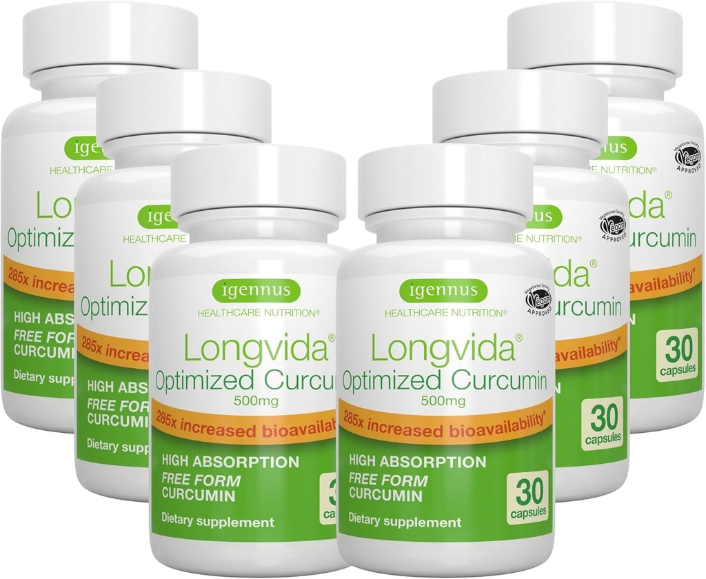 Igennus Longvida Lipidated Curcumin 500mg、Ultra Bioavailable&Sustained Action、65x Higher Plasma Level、Intensive Support、Free-Form Curcumin、ビーガン、180カプセル
