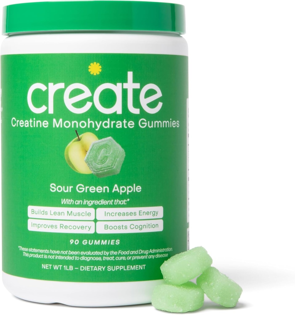 Creatine Monohydrate Gummies for Men & Women - Boost Focus, Strength, and Endurance, Anti-Melting Formula, Vegan, Gluten-Free, Non-GMO, 1.5 Gram Creatine per Gummy (Sour Green Apple, 90 ct)