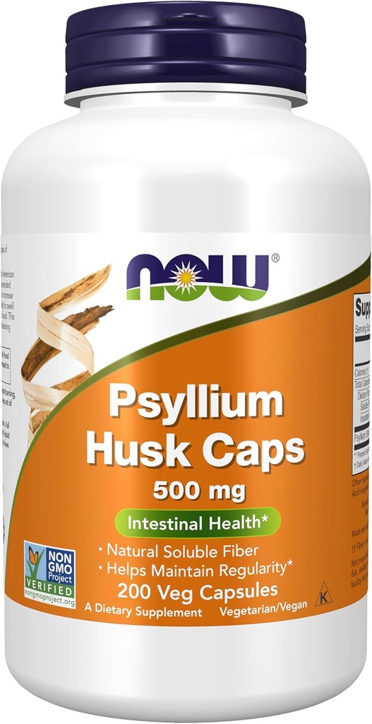 NOW Foodsは、Psyllium Husk Caps 500mg、非GMOプロジェクト検証済み、天然溶性繊維、腸の健康*、200ベジカプセルを補います