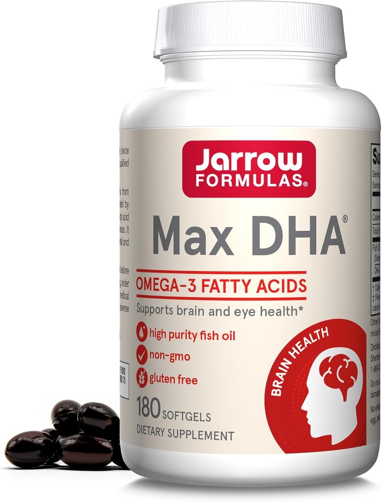 JarrowフォーミュラMaxDHA - 180 Softgels - 高純度の魚油 - サプリメントは脳と目の健康をサポート - Omega-3脂肪酸に集中し、DHAで豊富に - 90のサービング