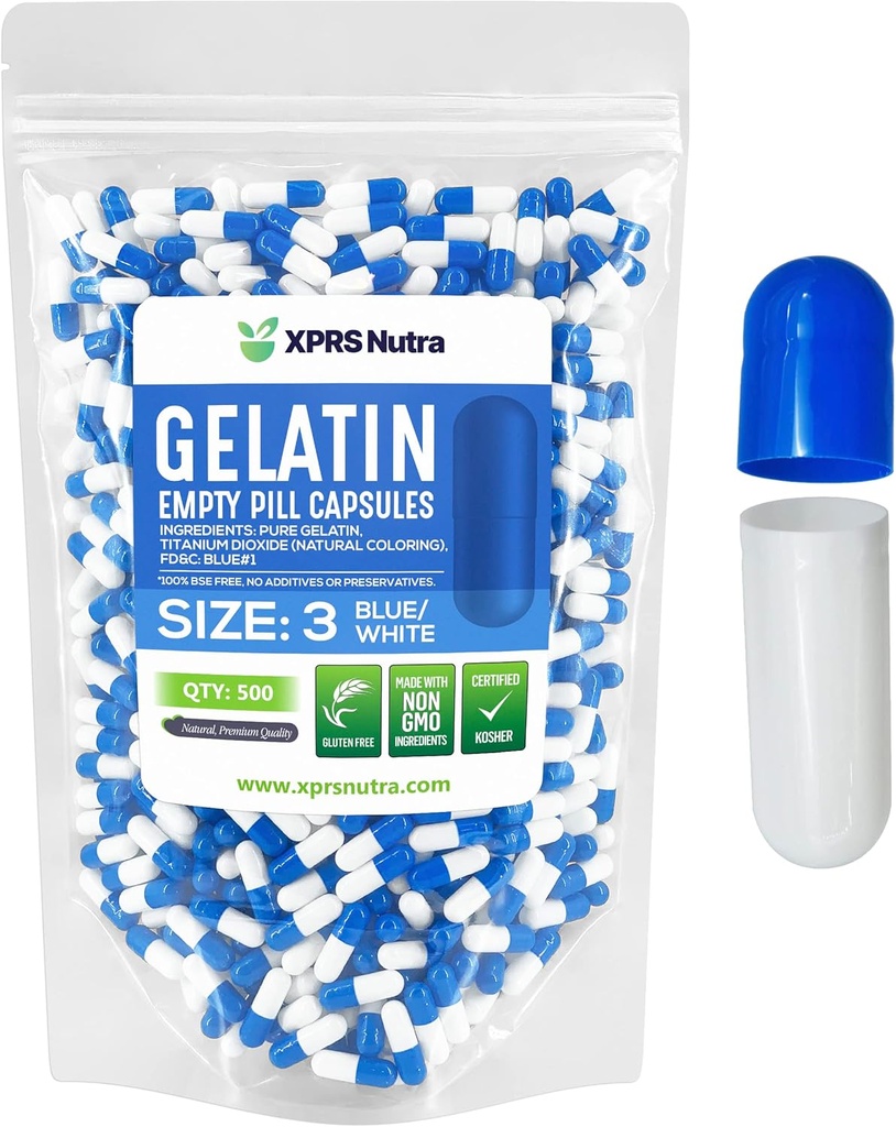 XPRSのNutraのサイズ3の空のカプセル- 500の計算の空のゼラチンのカプセル-Pills DIYのカプセルの詰物- Do-It-Yourselfのビタミンおよび補足(青/白)のために満たされる純粋な牛ゲルの帽子
