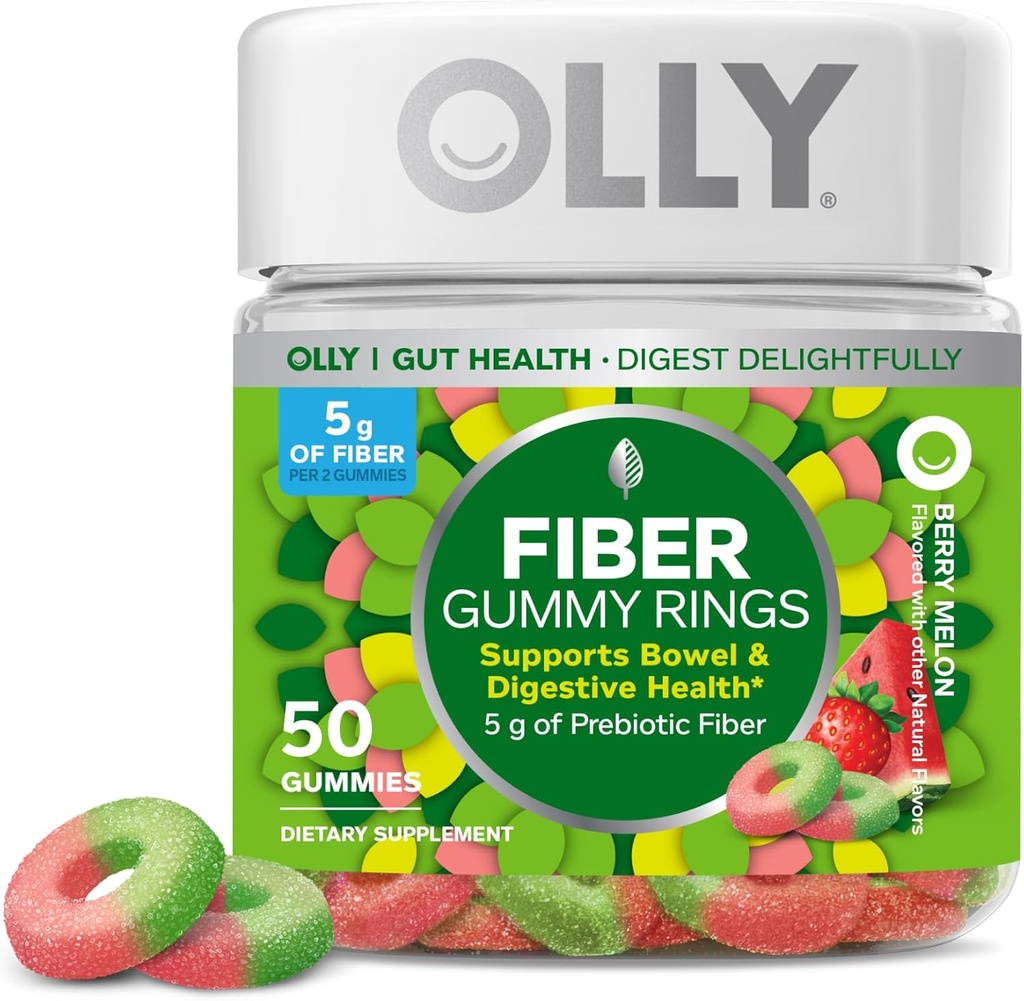 OLLY 繊維の Gummy リング、5g のプレバイオティック繊維、FOS (Fructo オリゴ糖類)、消化器サポート、ベリー メロン 50ct