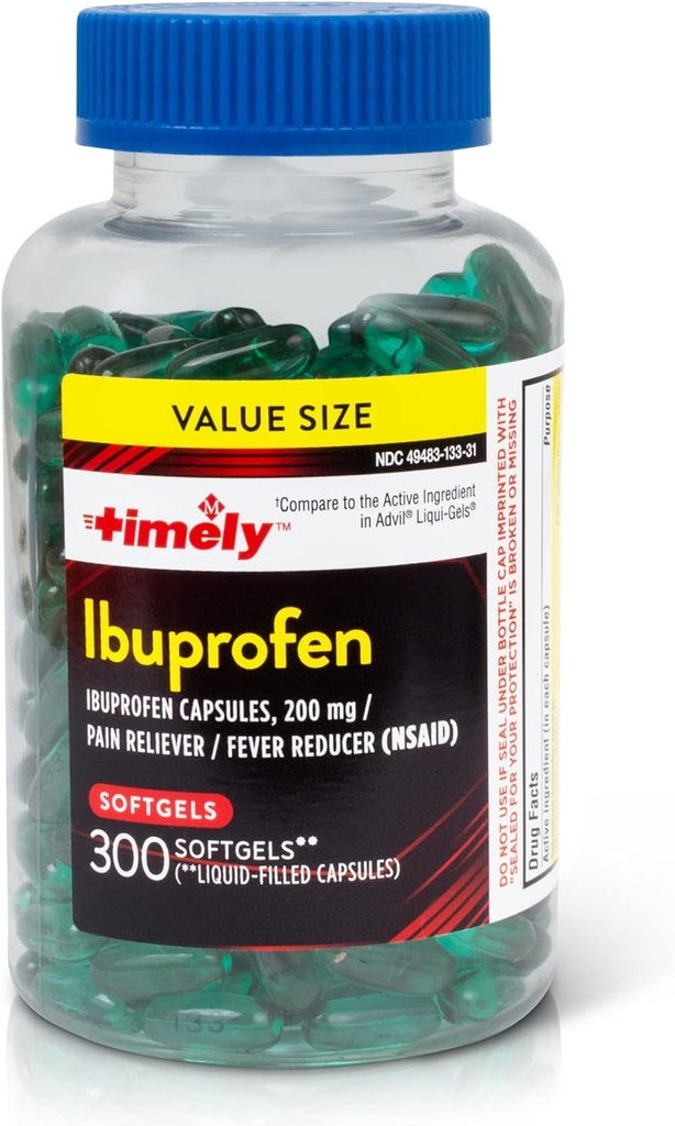 TIME-CAP LABS, INC. Timely Ibuprofen 200mg - 300 Liquid Softgels - Pain Relief Tablets and Fever Reducer - for Headache Relief, Menstrual Pain, Tooth Aches Muscular Aches & Arthritis Pain