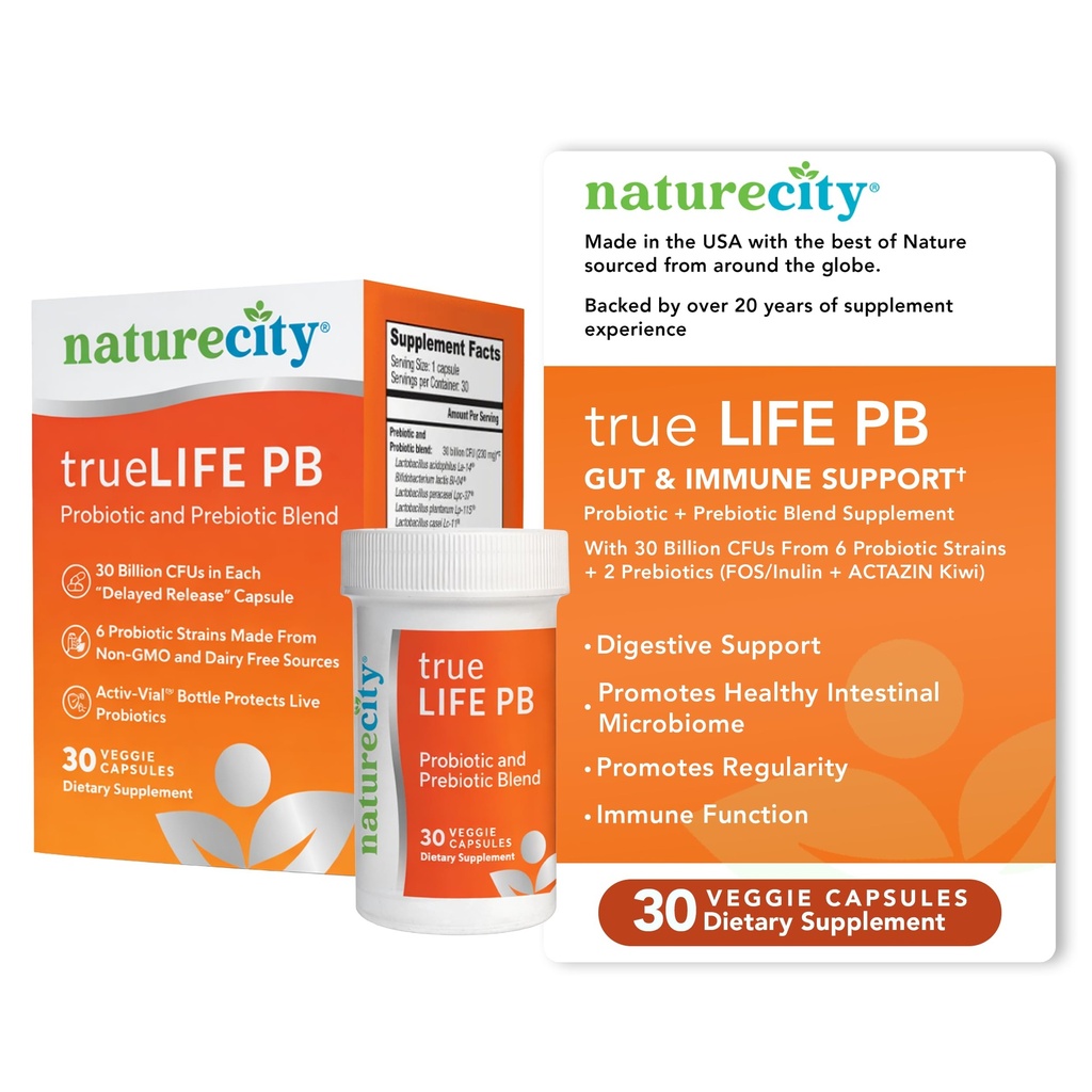 NatureCity True-Life-PB シェルフ 安定したブレンド プレバイオティクスと女性と男性のためのプロバイオティクス - 女性と男性のための消化管の腸の健康サプリメント - 乳製品無料 - (30 Veggie Capsule)