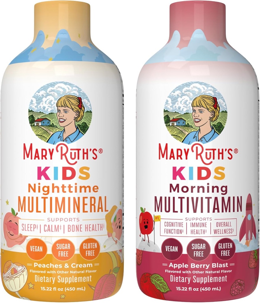 MaryRuth's Liquid Multivitamin (Apple Berry) & Nighttime Multimineral (Peaches & Cream) for Kids | Clean Label Project Verified® | Vitamins for Energy, Muscle Relaxation, & Overall Wellness | Vegan