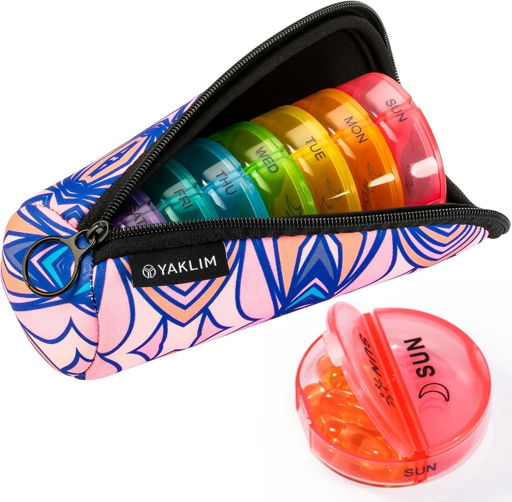 Yaklimの丸薬のオルガナイザー2日、優秀な質のネオプレン旅行の丸薬箱、AM/PM週刊の丸薬の容器ビタミンの魚油の補足(ピンク)のための携帯用ジッパーの貯蔵の布袋との7日