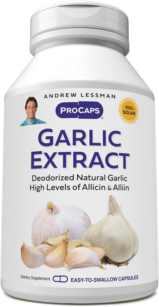 ANDREW LESSMAN Garlic Extract - 180 Capsules - Deodorized Natural Garlic Extract. Protective Sulfur-Based Compounds. Pure, Gentle, Odorless. No Aftertaste, No Stomach Upset, No Additives