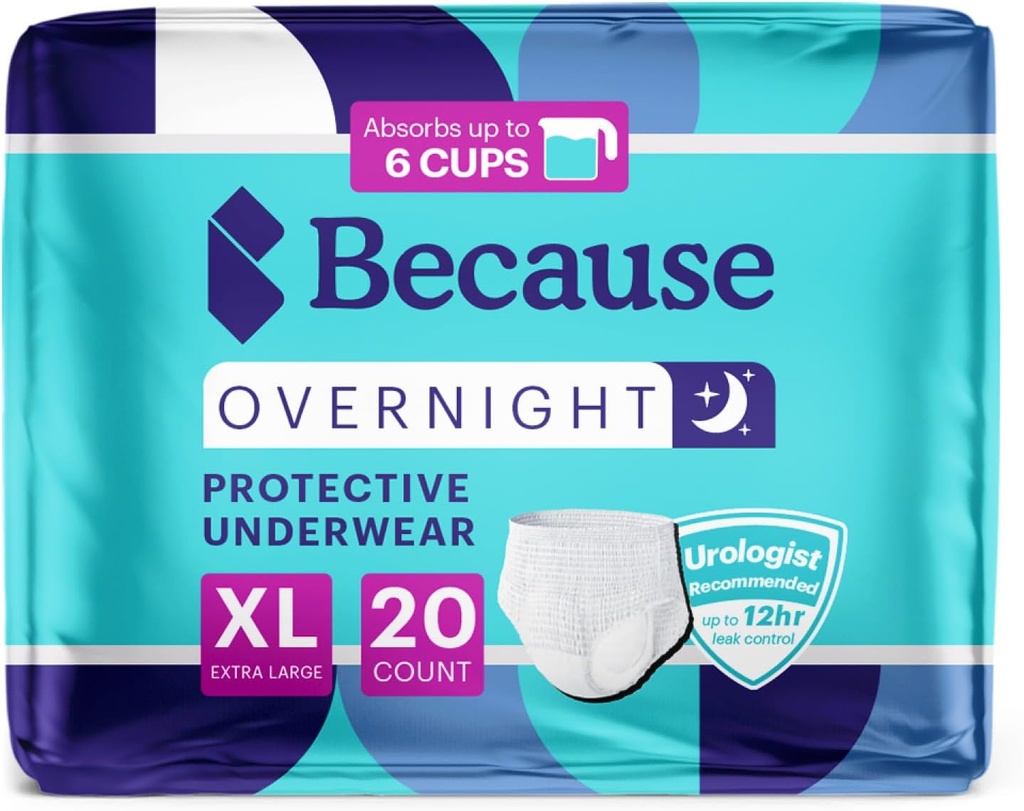 Because Overnight Absorbency Pull Ups - Adult Disposable Incontinence Underwear, Extra Absorbent Nighttime Briefs for Men and Women, White, XLarge, 20 Count