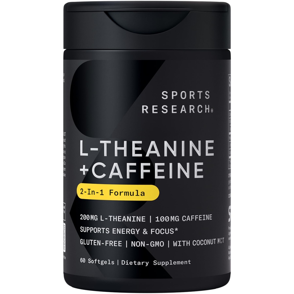 Caffeine & Coconut MCTオイルによるスポーツリサーチL-テアニンサプリメント - 眠気のないエネルギー、警戒とリラックス - 200mg Lテアニン、100mg有機カフェイン - 60液体Softgels