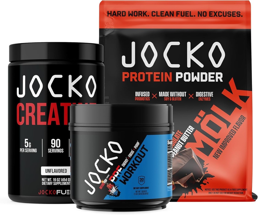 Jocko燃料3パックバンドル - クレアチン、チョコレートピーナッツバターMOLKタンパク質、およびニトロポッププレワークアウト