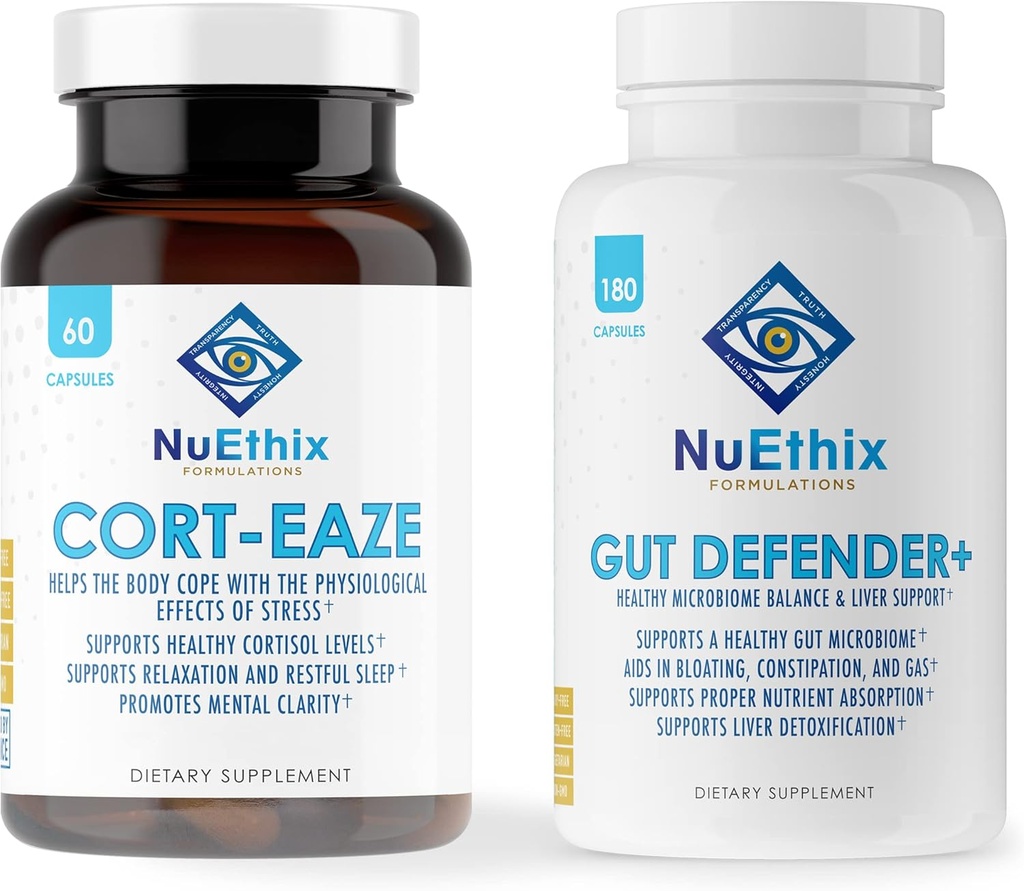 NuEthix 処方 コルチゾールとマイクロバイオム バランス サプリメント バンドル: Cort-Eaze Cortisol-Control サプリメント、60 カプセル、30 サービング、Gut Defender+、180 カプセル、90 サービング