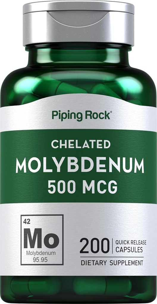 Piping Rock Molybdenum Supplement | 500 mcg | 200 Capsules | Chelated Molybdenum Amino Acid | Non-GMO, Gluten Free