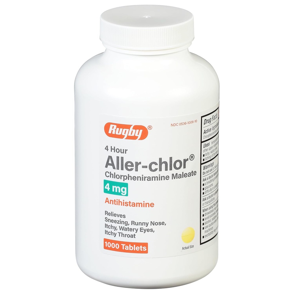 ラグビー4時間アレル塩 - Chlorpheniramineの4 mg - Antihistamine - 1000のタブレット(1パック)