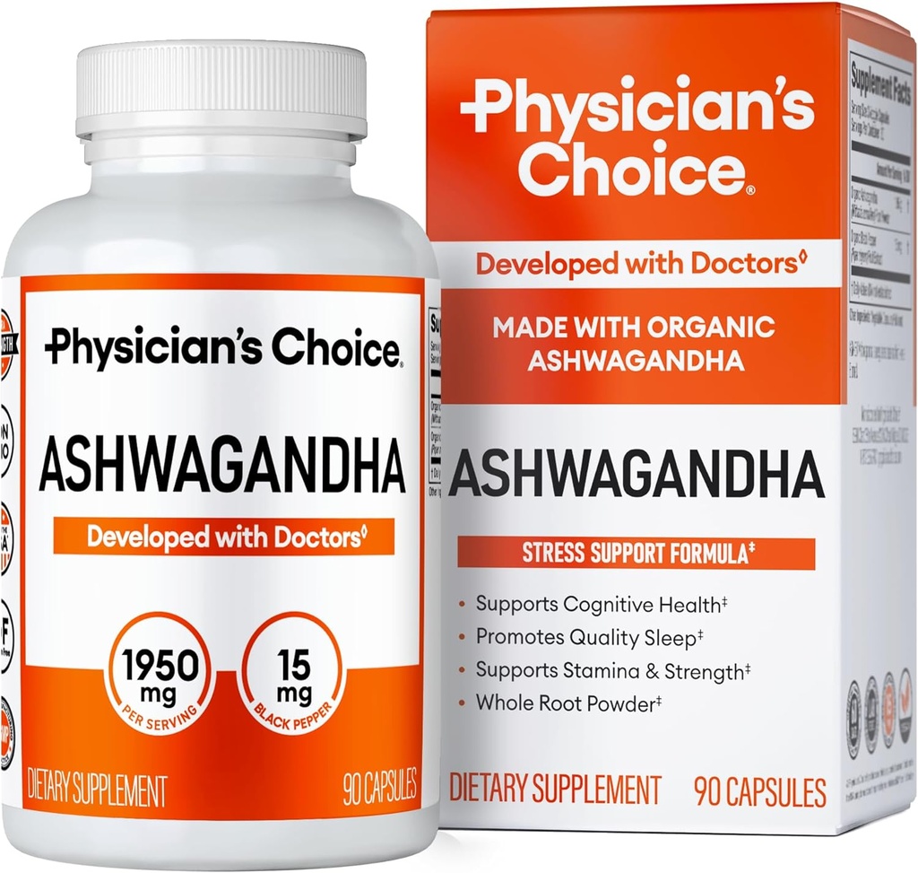 Physician's CHOICE Ashwagandha Supplement - 1950mg of Bioavailable Organic Ashwagandha Root Powder - Black Pepper Extract, Stress Support, Mood Support Supplement, 90 Veggie Ashwagandha Capsules