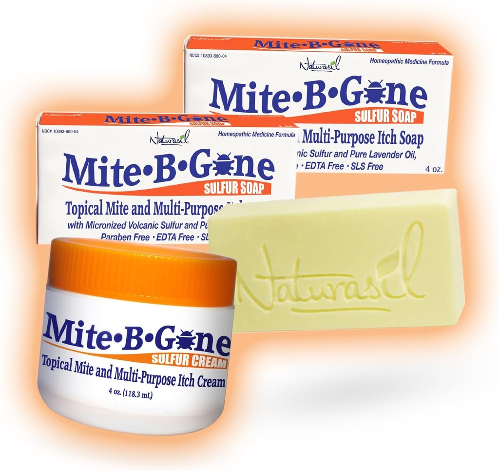 Mite-B-Goneによる高速行動バグの軽減パック - Sulfur Cream + 2石鹸を交換する | キッズ&大人のための安全| 昆虫と蚊の咬傷、かゆみを治療|すべての皮膚タイプに有効