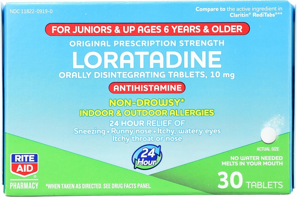 Rite Aid Kidの非眠気アレルギー救済、Loratadine 10mg、ミントフレーバー - 30錠 | 口頭でタブを崩壊 | 年齢 6 歳