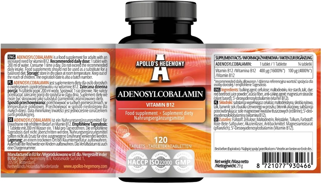 APOLLO'S HEGEMONY Adenosylcobalamin 120錠 - 高められたエネルギー代謝のための最適の生物利用できるビタミンB12 - 480のサービング - 食事療法の補足