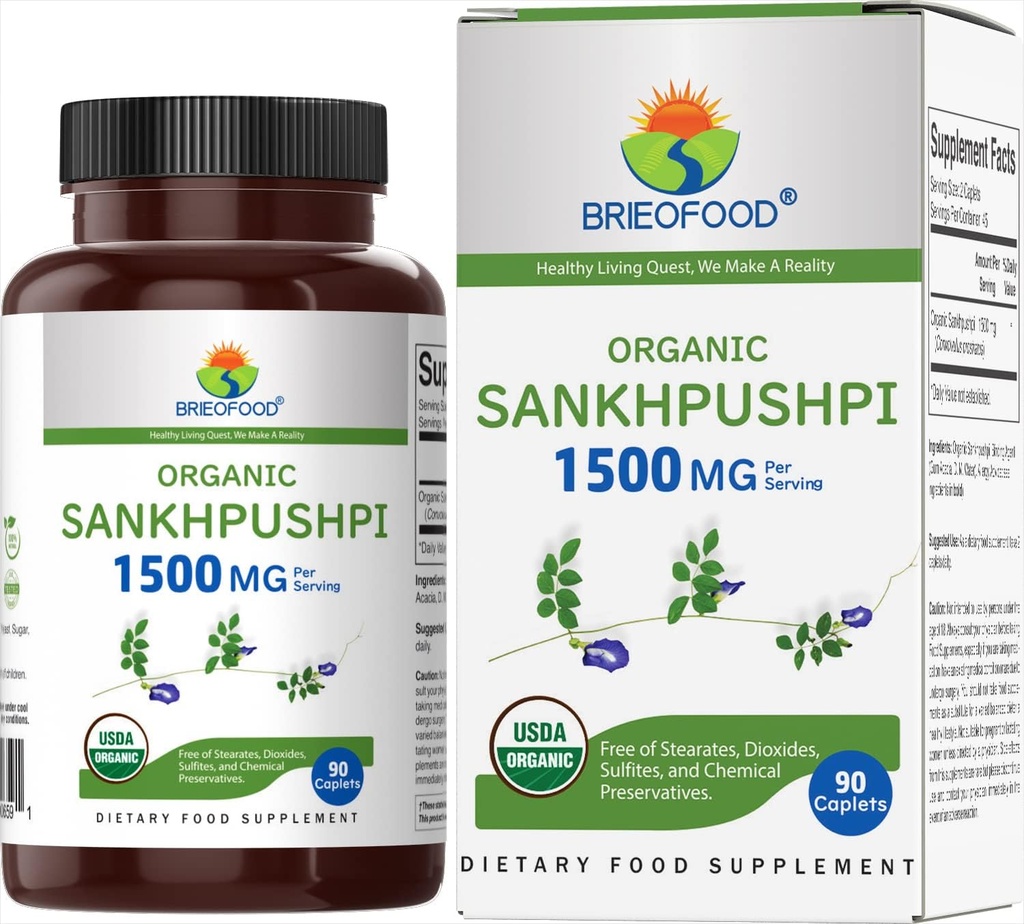 Brieofood Organic Sankhpushpi 1500mg、45 サービング、ベジタリアン、グルテンフリー、90 ベジタリアン タブレット