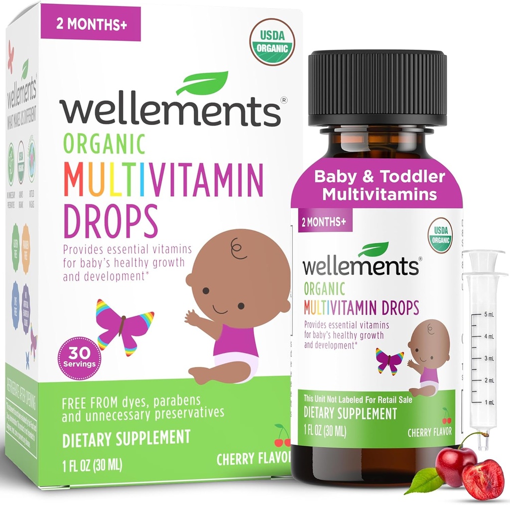 Wellements Organic Baby Multivitamin Drops(1 Fl Oz) - 乳幼児用乳液マルチビタミン - Toddler Vitamin for Immune Support(免疫サポート)*、健康増殖&骨開発*