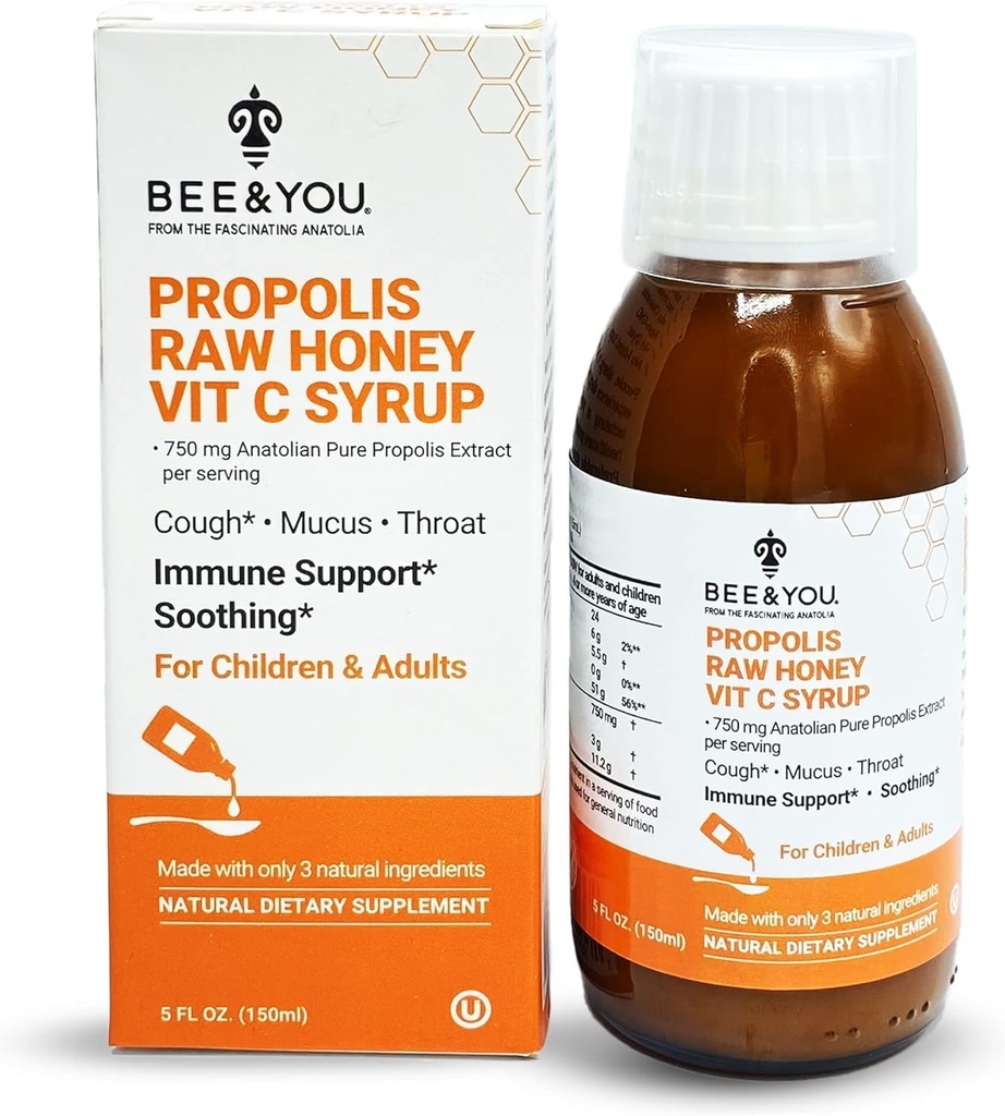 BEE and You Propolis Extract Cough Syrup w/Vitamin C, Soothing Honey, Natural Immune Support, Sore Throat Relief, Antioxidants, for Kids & Adults, 5 Fl Oz, for Men and Women