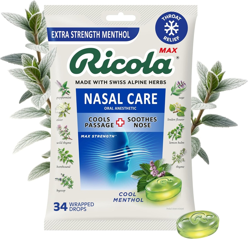 Ricola Max Cool Menthol Nasal Care Large Bag | Cough Suppressant Drops | Dual Action Liquid Center | Soothing Long-Lasting Relief - 34 Count (Pack of 1)