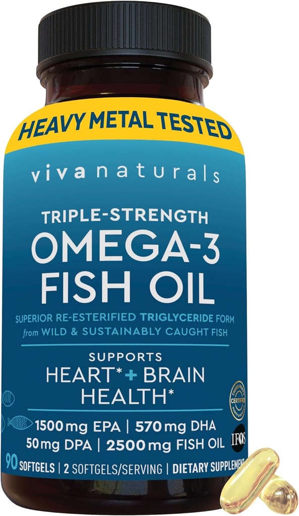 Viva Naturals トリプル強度オメガ 3 魚油の丸薬 - 2500 mg 高頻度式 2250 mg オメガ 3 脂肪酸 (EPA、DHA、DPA を含む) rTG 吸収用フォーム - IFOS 認定、90 Softgels