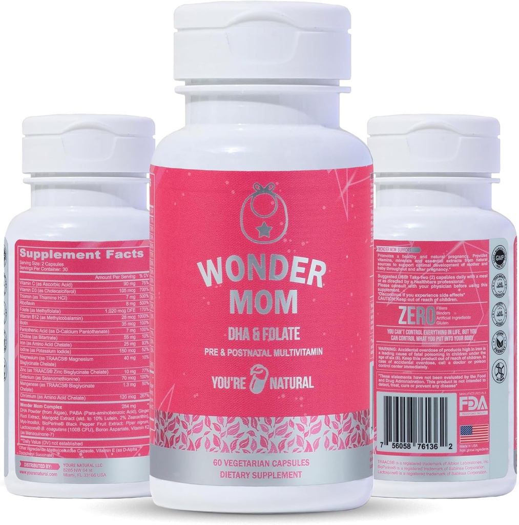 プレミアムプレナタル&ポストナタルビタミン:葉酸塩、DHA、コリン、鉄、B12、マルチビタミン&プロバイオティクス、胎児脳開発、妊娠&産後健康、ビーガン、非GMO、グルテンフリー、30日間