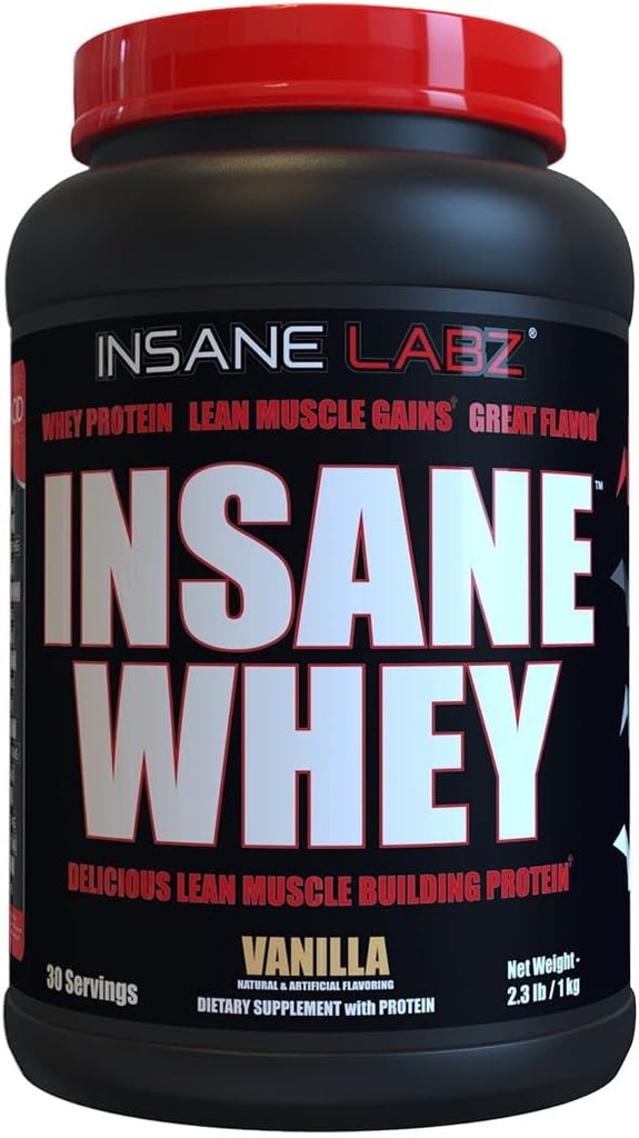 Insane Labz Insane Whey、100%の筋肉建物の乳蛋白質、BCAAのアミノ酸のプロフィール、固まりの利益、食事の取り替え(Vanilla、30のサービング)