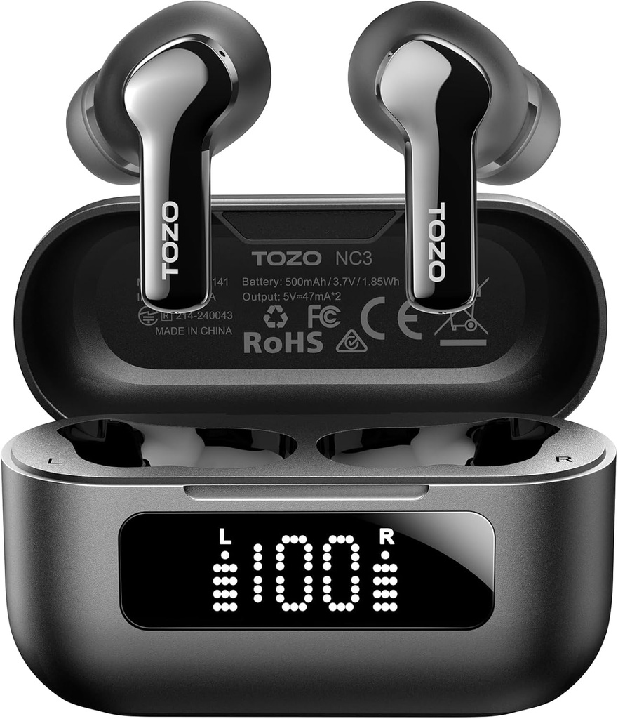 TOZO NC3の6つのMicsのAIの明確な呼出しの耳の芽が付いている雑種の活動的な騒音の取消しの無線イヤフォンを防水するTOZO NC3の雑種の活動的な騒音はLED表示32の事前調整EQsと55Hのプレータイムを取り除きます