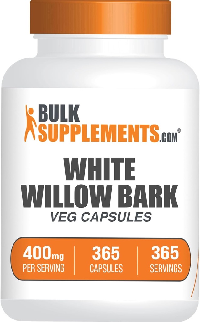 BulkSupplements.com White Willow Bark Capsules - Herbal Supplement, White Willow Bark Extract 400mg - Gluten Free, 1 Capsule per Serving, 365 Veg Capsules (Pack of 1)