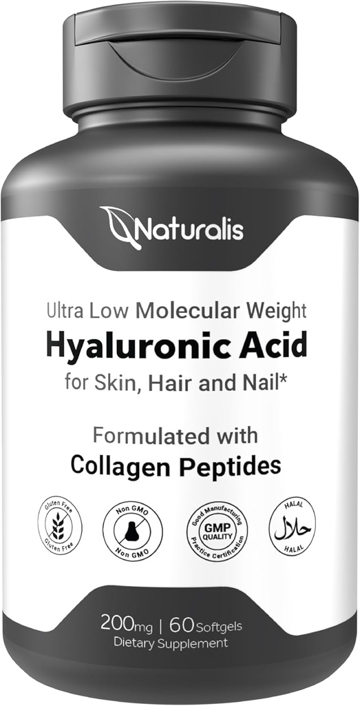 Naturalis Hyaluronic酸200mg、10xはコラーゲン、Biotin、Selenium及びビタミンEと超低い分子量を吸収します | 毛、皮、釘及び接合箇所の補足 | 120 Softgels