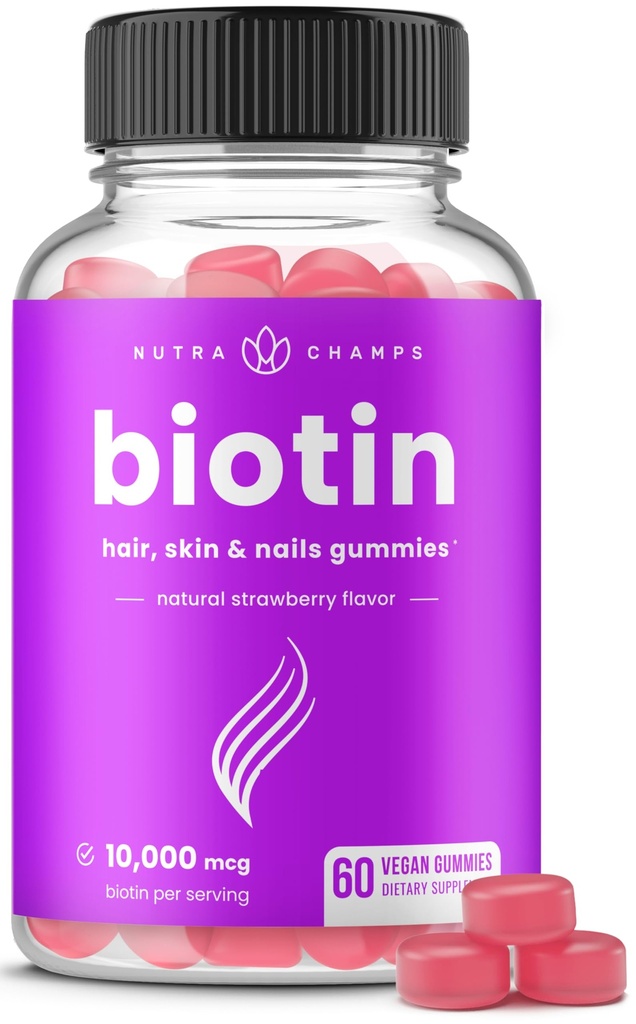 NutraChamps ビオチングミー 10000mcg [高い効力] 健康な髪のため, 皮膚 & 女性のためのビタミンを爪します。, 男性 & キッズ - 5000mcg 各髪のビタミンギーミー - ビーガン, 非GMO, 毛の健康の補足