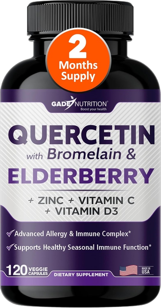 Gade Nutrition Quercetin with Bromelain & Elderberry | ビタミンCと亜鉛でケルセチン | ビタミンD3による亜鉛ケルセチン500mg | 毎日の免疫サポートサプリメント - 2ヶ月の供給