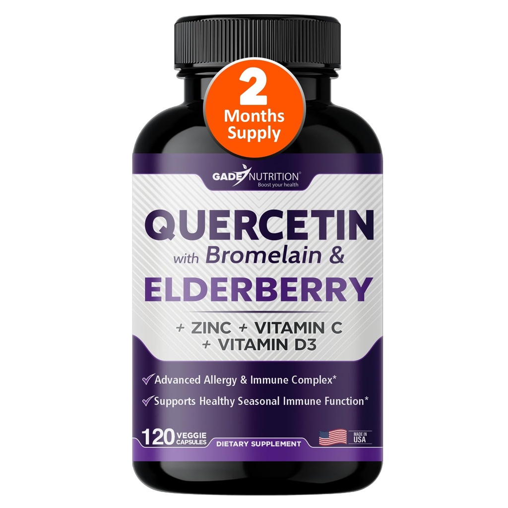 Gade Nutrition Quercetin with Bromelain & Elderberry | ビタミンCと亜鉛でケルセチン | ビタミンD3による亜鉛ケルセチン500mg | 毎日の免疫サポートサプリメント - 2ヶ月の供給