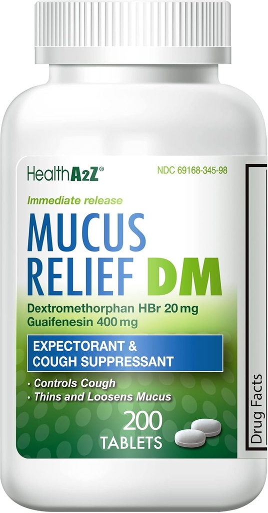 HealthA2Z® MucusリリーフDM | Dextromethorphan HBr 20mg | Guaifenesin 400mg | 咳、即時リリース、未塗装(200カウント)