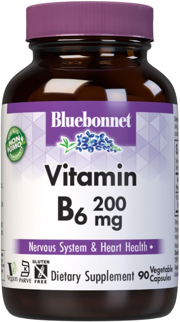 Bluebonnet栄養ビタミンB6野菜カプセル、200mg、心血管および神経系の健康のために、大豆フリー、グルテンフリー、コーシャ、酪農場無料、ビーガン、非GMO、90野菜カプセル、90給餌