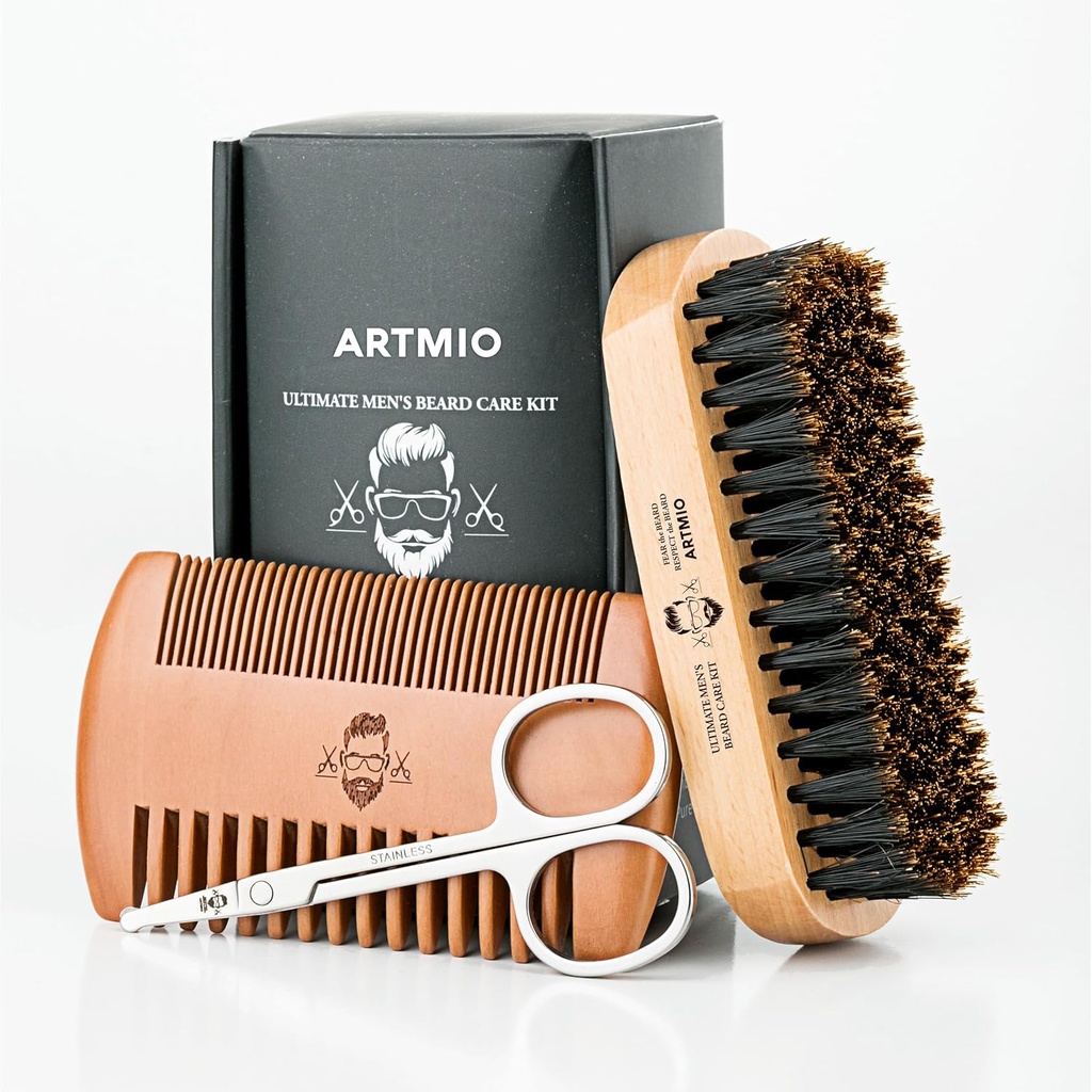 ひげブラシ、櫛、はさみセット男性用ベアードケア - ボアブリッスルヘアブラシ&木製櫛&ステンレスシーザー - ベアードスタイリング、グルーミング&シェーピングツール