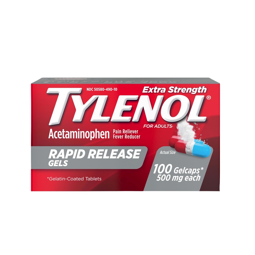Tylenolの余分強さのアセトアミノフェンの急速な解放のゲル、苦痛Reliever及びファーバーの減力剤、速い解放のためのレーザーのドリルされた穴が付いているゲルキャップ、Stomachの穏やかな、ゲルキャップごとの500のmg、100の計算OTCの薬