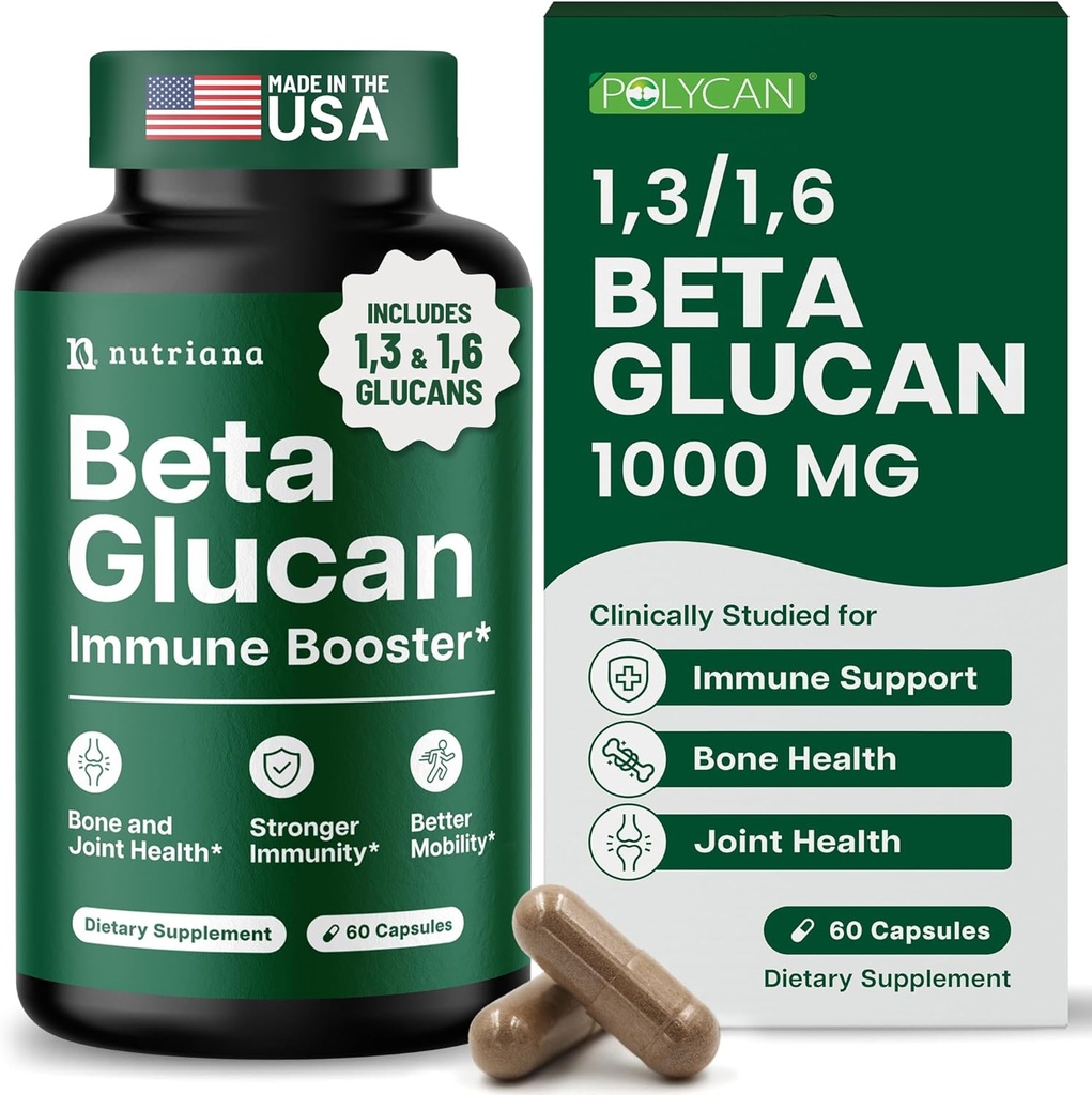 Nutriana Beta Glucan Supplements 1000mg – 1,3/1,6D Beta Glucan Capsules for Immune Support – Natural Beta Glucans Fiber Supplement – 60 Veggie Capsules (60 Count, Unflavored)