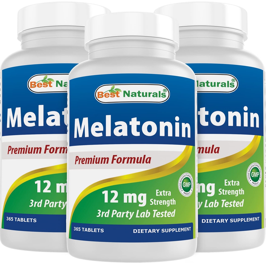 ベストナチュラルズメラトニン12mg(1年の供給) - 薬物のない夜間睡眠補助金 - 睡眠とリラックスのためのメラトニン、365カウント(パッケージ3)