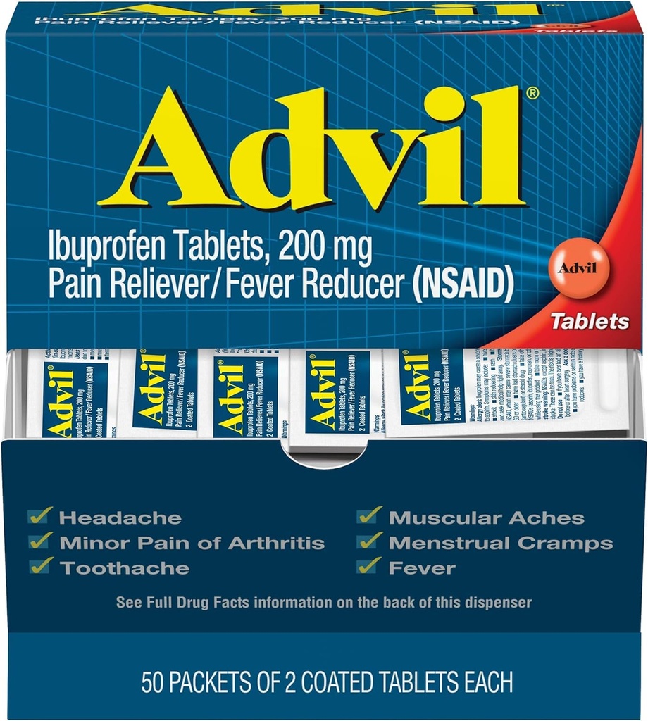 Advil Ibuprofenのタブレット、200のmg苦痛Reliever/Feverの減力剤(NSAID)、100のタブレット(各2つのタブレットの50のパケット)