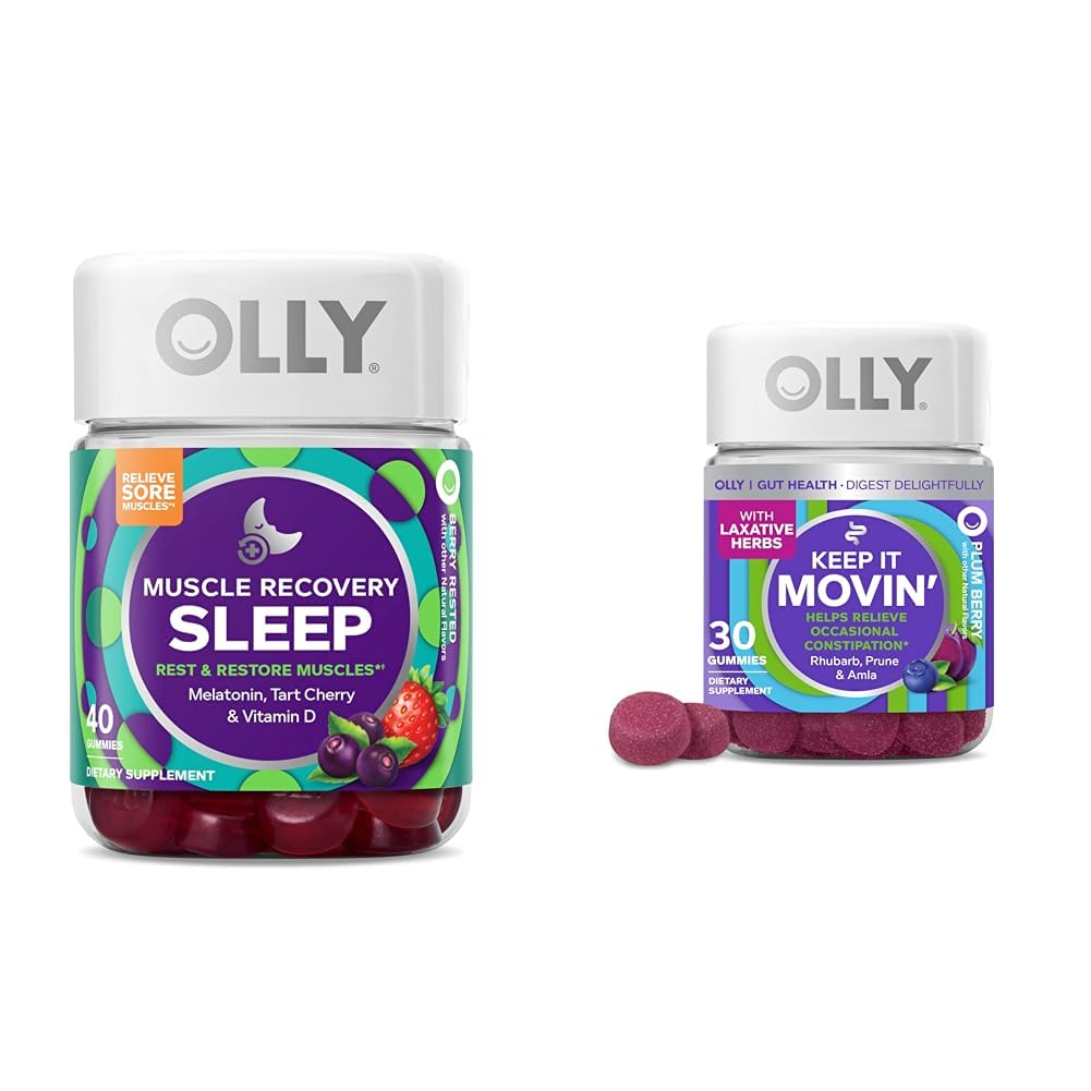 OLLY筋肉回復はMelatonin、タルトチェリー&ビタミンD、Rhubarb、Prunes&Amlaの便秘救済ガミー - 40&30カウント