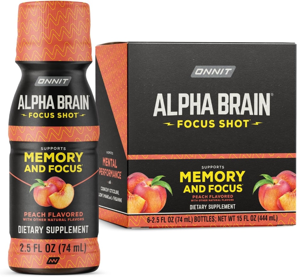 ONNIT Alpha Brain Focus Shot, Peach Flavor, Nootropic Dietary Supplement Drink That Supports Energy, Focus, and Mood, IGEN™ Non-GMO Tested, 2.5 fl oz, 6 Count