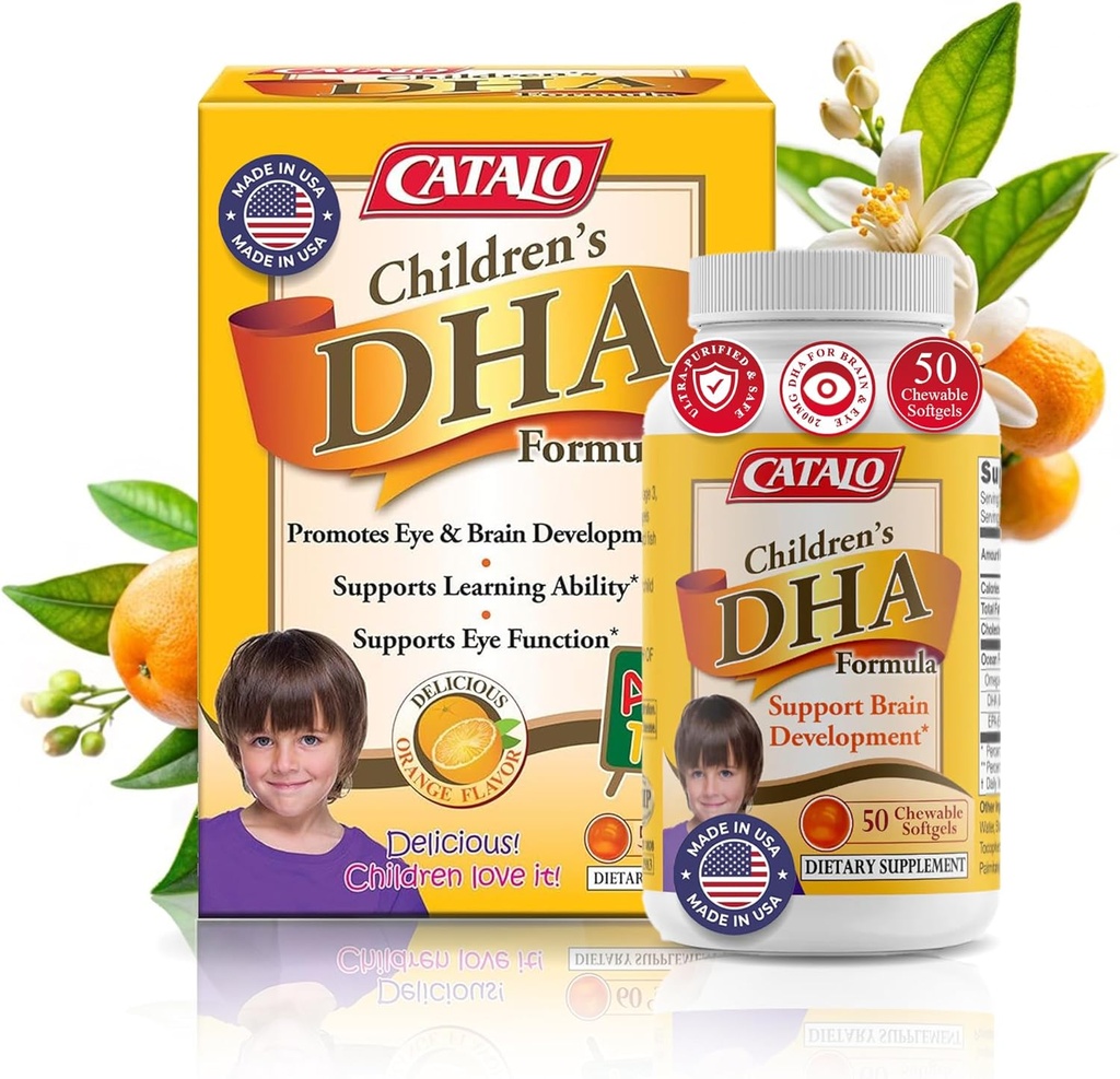CATALO Children's DHA Formula Fish Oil Supplements, Chewable Softgels, 200mg DHA per Serving, Omega-3, Natural Orange Flavor for Kids, for Brain Function & Eye Development, Easy to Take, 50 Softgels