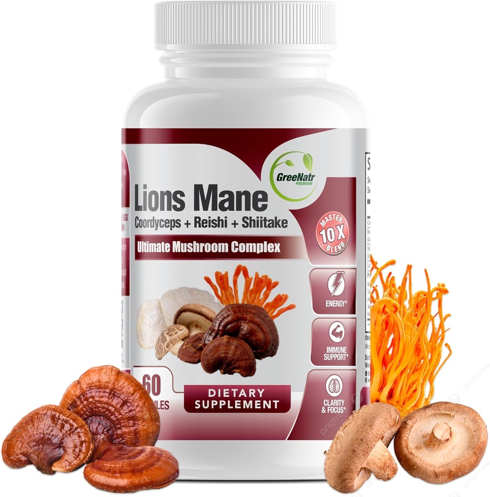 GreeNatrは、ライオンズマネ、コルディセプ、シイタケ、チャガ、免疫サポート、メモリ、フォーカス&自然エネルギーブースターのためのトルコテール - 60カプセル(1ボトル)と1コンプレックスで1コンプレックスでキノコサプリメント-10を完了します